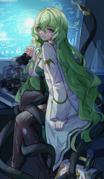 Rule 34 | 1girl, 2569659838, absurdres, black necktie, black thighhighs, breasts, chinese commentary, coat, commentary request, earrings, green eyes, green hair, green shirt, hair between eyes, highres, holding, holding test tube, holographic monitor, honkai (series), honkai impact 3rd, indoors, jewelry, laboratory, large breasts, large variant set, leg wrap, long hair, mechanical tentacles, microscope, mobius (honkai impact), mobius (pre-surgery) (honkai impact), multicolored eyes, necktie, parted lips, pink eyes, shirt, sitting, slit pupils, solo, suitcase, test tube, thighhighs, torn clothes, torn thighhighs, two-tone eyes, variant set, very long hair, white coat