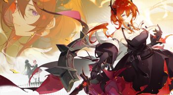 2girls absurdres arknights arknights:_endfield arm_strap bare_shoulders belt black_belt black_dress black_gloves black_hair black_horns black_jacket breasts closed_mouth commentary_request cowboy_shot detached_collar detached_sleeves dress endministrator_(arknights) female_endministrator_(arknights) gloves hair_between_eyes highres holding holding_sword holding_weapon horns jacket laevatain_(arknights) long_hair looking_at_viewer medium_breasts multiple_girls multiple_views munosuke purple_eyes red_hair sidelocks sleeveless sleeveless_dress slit_pupils surtr_(arknights) sword weapon