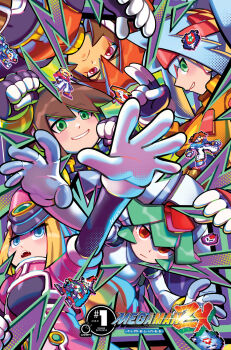 Rule 34 | 5girls, aile (mega man zx), armor, ashe (mega man), atlas (mega man), blonde hair, blue eyes, blue hair, blush, brown hair, closed mouth, comic cover, commentary, company name, copyright name, cover, cover page, english commentary, forehead jewel, frown, girouette (mega man), gloves, green eyes, green hair, grin, group picture, hat, helmet, highres, jacket, keenbiscuit, logo, long hair, looking at viewer, mega man (series), mega man zx, mega man zx advent, model f (mega man), model p (mega man), model x (mega man), model z (mega man), multicolored hair, multiple girls, official art, open mouth, orange hair, orange jacket, pandora (mega man), pink hat, prairie (mega man), prometheus (mega man), red eyes, salute, shako cap, short hair, signature, smile, two-finger salute, two-tone hair, udon entertainment, vent (mega man), white armor, white gloves, white helmet