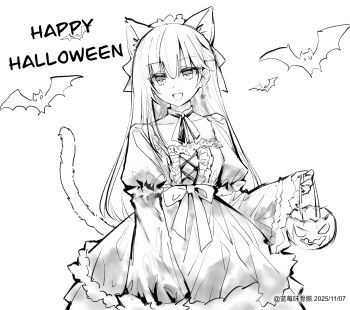1girl absurdres animal_ears bat_(animal) bow cat_ears cat_tail cross-laced_clothes cross-laced_dress date_a_live dress earrings greyscale hair_bow halloween_bucket happy_halloween highres jewelry juliet_sleeves lanmeiweiguhai3 long_hair long_sleeves majutsu_tantei_tokisaki_kurumi_no_jikenbo monochrome open_mouth puffy_sleeves solo tail tokisaki_kurumi wide_sleeves