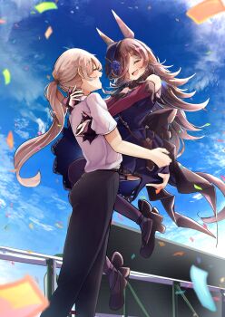 2girls absurdres animal_ears black_pants black_shoes blonde_hair blush brown_hair carrying carrying_person closed_eyes commentary_request dress female_trainer_(umamusume) flower hair_over_one_eye hat hat_flower high_heels highres horse_ears horse_girl horse_tail long_hair multiple_girls off-shoulder_dress off_shoulder open_mouth pants ponytail purple_dress purple_flower purple_hat purple_thighhighs red_sleeves rice_shower_(umamusume) shirt shoes short_sleeves sidelocks tail thighhighs trainer_(umamusume) umamusume white_shirt yu-muge