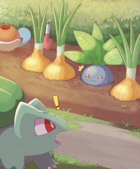 Rule 34 | !, :>, ^^^, bud, bulbasaur, bush, claws, closed mouth, commentary, dragon star213, food, gen 1 pokemon, grass, hiding, highres, looking at another, looking to the side, nintendo, no humans, oddish, onion, open mouth, path, planted, planted shovel, pokemon, pokemon (creature), red eyes, road, seedling, sharp teeth, shovel, smile, soil, squirt bottle (pokemon), squirtle, sweat, teeth, vegetable, watering can