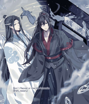 2boys ahoge banknote black_hair black_hanfu black_robe chinese_clothes chinese_text disembodied_hand english_text grey_eyes hair_between_eyes hair_tie hanfu headband high_ponytail highres hyottokoane lan_wangji layered_sleeves long_hair long_sleeves looking_at_viewer male_focus modao_zushi money multiple_boys ponytail robe sash sidelocks sleeves_past_wrists smile snow standing topknot twitter_username very_long_hair watermark wei_wuxian white_hanfu white_headband white_robe wide_sleeves xiao_guan_(headdress) yaoi