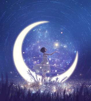1girl adsuger bioluminescence black_eyes black_hair bug butterfly crescent crescent_moon dress from_side glowing grass highres insect moon night short_hair sky star_(sky) star_(symbol) star_trail starry_sky white_dress