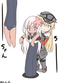 2girls absurdres anchor_choker atodashi bismarck_(kancolle) black_one-piece_swimsuit blonde_hair blue_eyes blue_sailor_collar brown_gloves front_slit gloves grey_hat grey_thighhighs hat highres hole kantai_collection long_hair longcat_(meme) meme military_uniform multiple_girls one-piece_swimsuit parody peaked_cap ro-500_(kancolle) sailor_collar sailor_shirt school_swimsuit shirt simple_background sleeveless sleeveless_shirt swimsuit swimsuit_under_clothes thighhighs twitter_username white_background