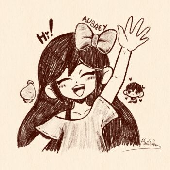 Rule 34 | 1boy, 1girl, antenna hair, arm up, artist name, aubrey (headspace) (omori), aubrey (omori), blush, bow, bra strap, character name, chibi, collarbone, commentary, double-parted bangs, english commentary, greyscale, hair between eyes, hair bow, heart, highres, long hair, marodraws, monochrome, mr. plantegg (omori), omori, omori (omori), open mouth, shirt, short hair, short sleeves, sidelocks, signature, simple background, smile, stuffed eggplant, stuffed toy, t-shirt, teeth, tongue, upper teeth only