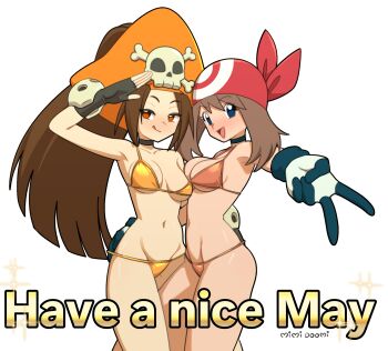 Rule 34 | 2girls, arm around another's waist, asymmetrical docking, bandana, bikini, breast press, breasts, brown bikini, brown hair, commentary, crossover, english commentary, english text, fingerless gloves, gloves, guilty gear, guilty gear xx, hair through headwear, hat, highres, licking lips, lowleg, lowleg bikini, maho malice, may (guilty gear), may (pokemon), medium breasts, multiple girls, name connection, nintendo, orange hat, pirate hat, pokemon, pokemon ruby/sapphire/emerald, pun, red bandana, salute, simple background, skull and crossbones, string bikini, swimsuit, tongue, tongue out, unaligned breasts, v, yellow bikini