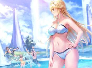 2boys 2girls absurdres adapted_costume anbe_yoshirou animal_ears arm_at_side azurda_(xenoblade) bikini blonde_hair blue_sky breasts cat_ears chest_jewel cleavage commentary_request core_crystal_(xenoblade) day dress_swimsuit hand_on_own_hip highres lake male_swimwear midair multiple_boys multiple_girls mythra_(xenoblade) navel nia_(fancy_sundress)_(xenoblade) nia_(xenoblade) one-piece_swimsuit photoshop_(medium) rex_(cloud_sea_shark)_(xenoblade) rex_(xenoblade) sky smile solo_focus spiked_hair splashing spoilers stomach strapless strapless_bikini swim_trunks swimsuit tiara water xenoblade_chronicles_(series) xenoblade_chronicles_2 yellow_eyes yellow_one-piece_swimsuit zeke_von_genbu_(surfinator)_(xenoblade) zeke_von_genbu_(xenoblade)