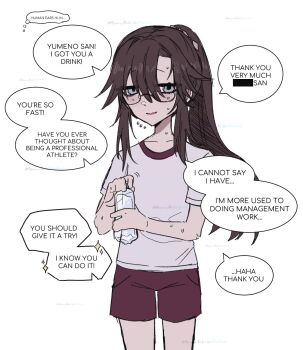 Rule 34 | 1girl, akaruiakiki, alternate universe, april fools, asymmetrical bangs, bluesky username, bottle, brown hair, commentary, cowboy shot, dream journey (umamusume), english commentary, glasses, grey eyes, gym shirt, gym shorts, gym uniform, hair between eyes, hatching (texture), highres, holding, holding bottle, humanization, linear hatching, long hair, looking at viewer, muted color, ponytail, red shorts, semi-rimless eyewear, shirt, shorts, sidelocks, simple background, solo, speech bubble, sweat, thought bubble, twitter username, umamusume, under-rim eyewear, water bottle, watermark, watermark grid, white background, white shirt