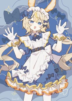 1girl :d animal_ears apron artist_name belt black_belt black_bow blonde_hair blue_background blue_bow blue_dress blue_eyes bow bright_pupils collared_dress cowboy_shot dot_nose double-parted_bangs dress dress_bow flipped_hair frilled_apron frilled_dress frilled_gloves frills gloves hair_between_eyes hair_bow hands_up head_tilt high_belt highres komerina light_blush long_hair looking_at_viewer low_twintails maid maid_apron maid_headdress multicolored_hair multiple_hair_bows open_mouth orange_trim original personification puffy_short_sleeves puffy_sleeves sea_slug_ears sea_slug_girl short_dress short_sleeves sidelocks smile solo standing star_(symbol) streaked_hair twintails very_long_hair waist_apron white_apron white_gloves white_headdress yellow_trim