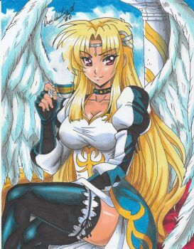 1girl 2020 angel_wings blonde_hair breasts cleavage collarbone crossed_legs cup dress fingerless_gloves gloves highres jewelry large_breasts original outdoors ravernclouk_design red_hair siren_chimizu_(ravernclouk_design) sky solo steam tea tea_cup white_dress wings