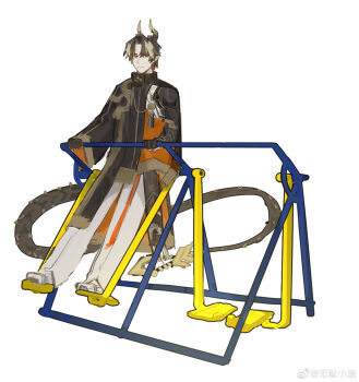 1boy absurdres arknights black_hair black_robe black_tail chinese_clothes chinese_commentary chongyue_(arknights) closed_mouth colored_extremities commentary_request dragon_boy dragon_horns dragon_tail exercise_machine exercising full_body grey_hair grey_pants high_collar highres horns long_sleeves looking_at_viewer making-of_available male_focus muli_xiao_die multicolored_hair orange_eyes pants robe simple_background solo standing streaked_hair tail white_background