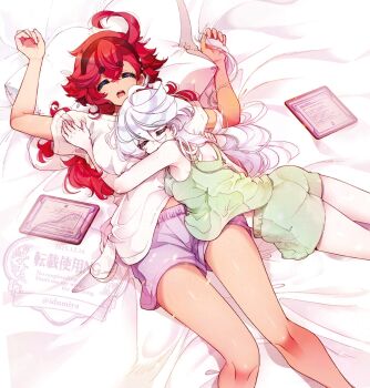 2girls alternate_costume artist_name bare_legs boxer closed_eyes commentary_request dark-skinned_female dark_skin dated feet_out_of_frame green_shirt gundam gundam_suisei_no_majo izumiya_otoha long_hair long_sleeves lying miorine_rembran multiple_girls on_bed open_mouth pale_skin paper red_hair shirt sleeping suletta_mercury teeth thighs twitter_username upper_teeth_only watermark white_hair white_shirt yuri