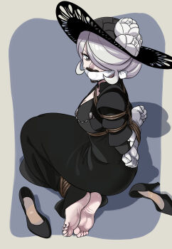 1girl absurdres barefoot bdsm bondage bound bound_ankles bound_wrists breast_bondage breasts cleavage cloth_gag cogita_(pokemon) dress gag gagged gloves grey_eyes grey_hair hair_over_one_eye hat high_heels highres improvised_gag lost_one_zero mature_female nail_polish nintendo pokemon pokemon_legends:_arceus rope shoes sideboob toenail_polish toenails unworn_shoes