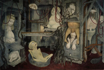 amputee animal_head armless_amputee blonde_hair blunt_bangs branch breasts cable emaciated ero_guro fat guro legless_amputee open_mouth oral original pussy quadruple_amputee ribs sagging_breasts sakuba surreal wire