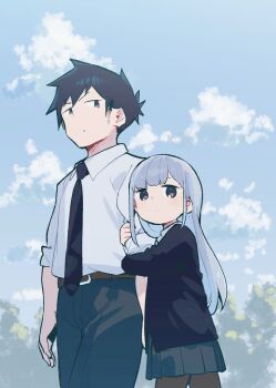 1boy 1girl aharen-san_wa_hakarenai aharen_reina arm_hug belt belt_buckle black_cardigan black_hair black_necktie black_pants black_pantyhose black_skirt blue_sky brown_belt buckle cardigan closed_mouth cloud collared_shirt commentary_request cowboy_shot dot_mouth dot_nose dress_shirt grey_eyes grey_hair height_difference highres long_hair long_sleeves looking_ahead looking_at_another looking_down matsuboshi_raidou mizu_asato necktie official_artist_extra outdoors pants pantyhose pleated_skirt school_uniform shirt short_hair skirt sky sleeves_rolled_up spiked_hair standing tree white_shirt