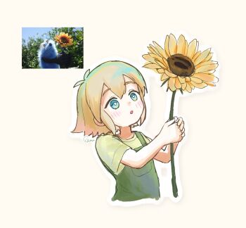 Rule 34 | 1boy, aged down, alternate costume, antenna hair, artist name, basil (faraway) (omori), basil (omori), blonde hair, blue eyes, blush, bright pupils, commentary request, double-parted bangs, flower, green overalls, green shirt, hair between eyes, holding, holding flower, male focus, omori, overalls, parted lips, photo-referenced, rami 1300, reference inset, shirt, short hair, short sleeves, sidelocks, simple background, solo, sunflower, t-shirt, white background, white pupils