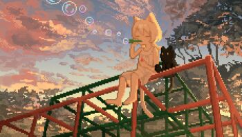 1girl animal animal_ears bad_id bad_twitter_id barefoot blowing_bubbles bubble_wand cat cat_ears cat_girl cat_tail closed_eyes cloud cloudy_sky dress evening highres iyuru_kuroneko jungle_gym original outdoors pixel_art sky solo tail tree white_dress wolf_cut
