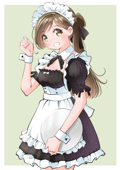 Rule 34 | 1girl, :d, black dress, breasts, brown hair, dress, frilled dress, frills, holding, holding tray, maid, maid headdress, open mouth, original, short sleeves, simple background, small breasts, smile, standing, tray, wrist cuffs, yamanaka kouji (yanchiki2001)