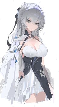 1girl ? absurdres baiser3rd bare_shoulders black_dress black_ribbon breasts bronya_zaychik bronya_zaychik_(silverwing:_n-ex) cleavage closed_mouth cropped_legs dress grey_eyes grey_hair hair_between_eyes hair_ribbon highres honkai_(series) honkai_impact_3rd large_breasts long_hair looking_at_viewer ribbon simple_background solo two-tone_dress white_background white_dress
