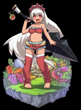 1girl :d bandeau barefoot black_background blush bone breasts cleavage collarbone dark-skinned_female dark_skin full_body hair_between_eyes hand_up highres holding holding_sword holding_weapon huge_weapon large_breasts leg_warmers long_hair merc_storia merc_storia_art_team micro_shorts nasca_(merc_storia) navel official_art open_mouth red_bandeau red_shorts shorts sidelocks simple_background smile solo standing sword tachi-e thighs very_long_hair weapon white_hair