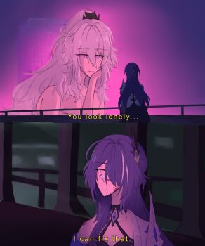 2girls acheron_(honkai:_star_rail) ahoge bandaid bandaid_on_face bandaid_on_nose blade_runner_(series) blade_runner_2049 choker english_text hair_between_eyes hair_ornament hair_over_one_eye hand_on_own_cheek hand_on_own_face highres honkai:_star_rail honkai_(series) honkai_impact_3rd kiana_kaslana kiana_kaslana_(herrscher_of_finality) long_hair meme mitsuba_(mitsubread) multicolored_eyes multiple_girls neon_lights ponytail purple_eyes purple_hair scene_reference single_bare_shoulder two-tone_eyes very_long_hair white_hair white_streaks you_look_lonely_(meme) yuri