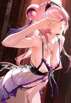 1girl absurdres animal_ears arknights armpits babydoll black_hairband black_panties bow bow_panties breasts covered_erect_nipples cowboy_shot earrings hairband highres indoors jewelry lace leaning_forward lin_(arknights) lingerie long_hair looking_at_viewer medium_breasts mouse_ears mouse_girl mouse_tail navel nipples open_mouth panties pink_eyes pink_hair see-through_babydoll see-through_clothes solo suujiniku tail underwear