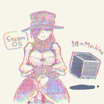 Rule 34 | 1girl, breasts, chromatic aberration, cleavage, closed mouth, commentary request, corset, game console, garter straps, gear hat ornament, gears, hair over one eye, hat, hat ornament, highres, imuhata shimuro, medium breasts, os-tan, short hair, simple background, smile, solo, steam (platform), steam machine, steampunk, thighhighs, top hat, translation request, white background