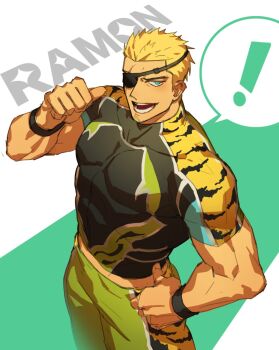 1boy animal_print bara blonde_hair blue_eyes eyepatch feet_out_of_frame highres jabnag_(rkgkjj) looking_at_viewer male_focus midriff_peek muscular muscular_male pectorals pointing pointing_at_self ramon_(kof) shirt short_hair solo standing the_king_of_fighters thick_eyebrows tiger_print tight_clothes tight_shirt wrestler
