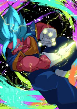 1boy black_background blue_eyes blue_hair blue_pants blue_sash boots commentary_request dougi dragon_ball dragon_ball_super gloves glowing glowing_eyes highres male_focus medium_hair muscular muscular_male orange_shirt pants parted_lips sash shirt smirk solo spiked_hair stktik09060906 super_saiyan super_saiyan_blue vegetto white_boots white_gloves