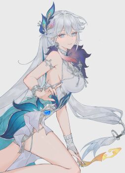 1girl absurdres bare_shoulders blue_eyes blue_nails bracelet breasts chinese_commentary closed_mouth commentary_request dress earrings hair_between_eyes hair_ornament highres honkai:_star_rail honkai_(series) jewelry large_breasts long_hair looking_at_viewer nail_polish qiuqiuku simple_background sleeveless sleeveless_dress smile solo very_long_hair white_background white_dress white_hair yao_guang_(honkai:_star_rail)