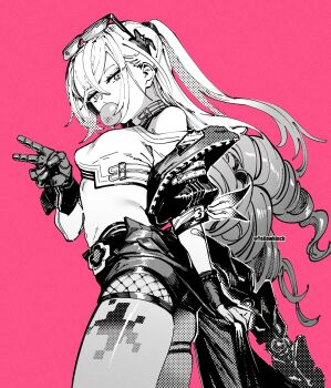 1girl bare_shoulders ben-day_dots breasts chewing_gum commentary cowboy_shot crop_top curvy dated_commentary drill_hair eyewear_on_head fingerless_gloves fishnets from_side gloves greyscale_with_colored_background high_ponytail highres honkai:_star_rail honkai_(series) long_hair looking_at_viewer mechanical_tail midriff off_shoulder official_alternate_costume otimusyairoha pantyhose pink_background ponytail screentones shorts silver_wolf_(honkai:_star_rail) silver_wolf_(lv.999)_(honkai:_star_rail) simple_background skindentation small_breasts tail thigh_strap thighs twin_drills twitter_username v very_long_hair white_hair