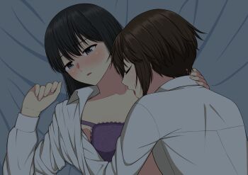 2girls absurdres black_hair blush bra brown_hair closed_eyes collared_shirt commentary_request grey_eyes hand_on_another's_neck highres long_hair multiple_girls open_clothes open_mouth open_shirt original parted_lips purple_bra ryuusa school_uniform shirt short_hair tongue tongue_out underwear white_shirt yuri