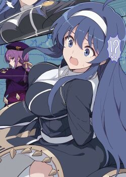 2girls ahoge alternate_costume ballardiae1007 bdsm beret blue_eyes blue_hair blush bondage bound braid breasts dress eltnum_(under_night_in-birth) hairband hat highres large_breasts long_hair multiple_girls open_mouth orie_ballardiae_harada purple_eyes purple_hair single_braid sion_eltnam_(type-moon) string thighhighs under_night_in-birth very_long_hair white_hairband