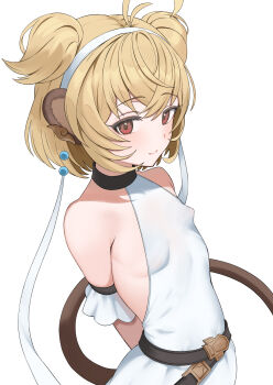 1girl andira_(granblue_fantasy) animal_ears arms_behind_back bare_shoulders belt blonde_hair blush breasts dress erune granblue_fantasy hairband highres loli looking_at_viewer monkey_ears monkey_girl monkey_tail pyonsan red_eyes short_hair smile solo tail white_dress