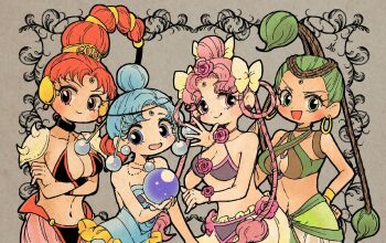 Rule 34 | 4girls, amazons quartet, aqua eyes, aqua hair, armor, bare shoulders, bikini, bikini top only, bishoujo senshi sailor moon, breasts, cerecere (sailor moon), cleavage, criss-cross halter, ear covers, earrings, flower, flower earrings, forehead jewel, green eyes, green hair, hair bun, hair flower, hair ornament, halterneck, holding orb, hoop earrings, jewelry, junjun (sailor moon), morinaga ayami, multi-tied hair, multiple girls, navel, orb, pallapalla (sailor moon), pink eyes, pink hair, red eyes, red hair, shoulder armor, shoulder spikes, single hair bun, sphere earrings, spikes, swimsuit, vesves (sailor moon)