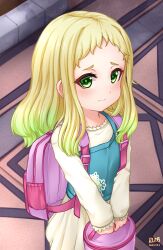 Rule 34 | 1girl, absurdres, backpack, bag, blue vest, blush, child, closed mouth, commentary, cowboy shot, dated, djloops, dress, english commentary, floral print, flower, gradient hair, green eyes, green hair, highres, holding, holding bag, lily (djloops), long hair, long sleeves, looking at viewer, looking to the side, multicolored hair, original, outdoors, pink bag, solo, vest, white flower