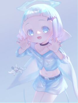 1girl absurdres blue_eyes blush cape captaintcher claw_pose creature crop_top flat_chest halloween_costume halo highres looking_at_viewer miniskirt open_mouth original short_hair skirt smile tail tenshi_kaiwai white_hair