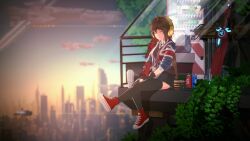 1girl 3d ^_^ animated anna_anon black_gloves black_skirt black_thighhighs blurry blurry_background brown_eyes brown_hair city cityscape closed_eyes evening fingerless_gloves flying_car full_body gloves gradient_sky headphones highres hood hoodie koikatsu_(medium) light_rays long_hair long_sleeves original red_shoes science_fiction shadow shoes sitting skirt sky smile sneakers solo spacecraft swinging_legs tagme thighhighs vending_machine video