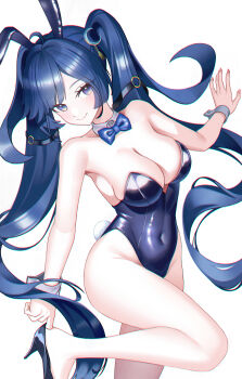 1girl absurdres adjusting_footwear ahoge animal_ears bare_legs bare_shoulders blue_bow blue_bowtie blue_eyes blue_hair blue_leotard blue_shoes blush bow bowtie breasts chromatic_aberration cleavage closed_mouth commentary covered_navel crescent crescent_hair_ornament detached_collar fake_animal_ears fingernails hair_belt hair_ornament high_heels highleg highleg_leotard highres iuno_(wuthering_waves) leg_up legs leotard long_hair looking_at_viewer medium_breasts rabbit_ears sglike365 shoes simple_background smile solo strapless strapless_leotard thighs twintails very_long_hair white_background wrist_cuffs wuthering_waves