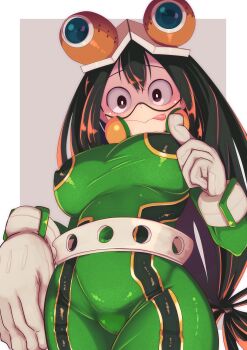 1girl absurdres artist_request asui_tsuyu asui_tsuyu_(hero_outfit) bodysuit boku_no_hero_academia breasts female_focus gloves goggles goggles_on_head green_bodysuit green_eyes green_hair hair_between_eyes highres long_hair looking_at_viewer low-tied_long_hair matching_hair/eyes smile solo superhero_costume tongue tongue_out white_gloves