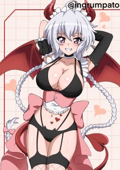 1girl absurdres ahoge armband arms_behind_back artist_name asymmetrical_gloves bikini black_armband black_bikini black_gloves braid breasts cleavage corset demon_girl demon_horns demon_tail demon_wings gloves hair_between_eyes hair_ribbon heart heart_tail highres horns kyomeihibiki large_breasts large_ribbon light_blush long_hair looking_at_viewer maid_headdress midriff navel open_mouth pink_corset pink_ribbon purple_eyes ribbon senki_zesshou_symphogear simple_background smile solo swimsuit tail teeth twin_braids very_long_hair white_hair wings yukine_chris