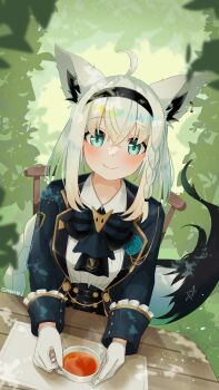1girl absurdres ahoge animal_ears black_hairband blue_eyes blue_ribbon blush braid chair closed_mouth commentary_request cup fox_ears fox_girl fox_tail gloves hairband highres holding holding_cup hololive long_hair long_sleeves looking_at_viewer official_alternate_costume on_chair outdoors payano_i ribbon shirakami_fubuki shirakami_fubuki_(parade_dress) shirt single_braid sitting smile solo table tail teacup virtual_youtuber white_gloves white_hair white_shirt