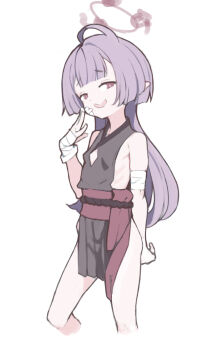 1girl :d ahoge arm_at_side ataruman bandaged_arm bandaged_hand bandages bandaid bandaid_on_cheek bandaid_on_face bare_legs bare_shoulders blue_archive blunt_bangs breasts brown_eyes commentary double-parted_bangs grey_hair halo japanese_clothes long_hair open_mouth pointy_ears sash shuro_(blue_archive) simple_background sketch small_breasts smile smug solo white_background