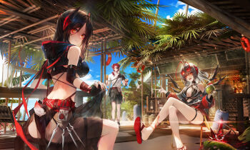 1boy 2girls absurdres antenna_hair arknights ass back bikini black_bikini black_hair black_shorts blue_sky breasts coconut_cup crossed_legs demon_horns eyepatch eyewear_on_head food fruit grey_hair highres hoederer_(arknights) holding holding_food holding_fruit horns ines_(arknights) large_breasts long_hair looking_at_viewer milktea_wegan multicolored_horns multiple_girls red_eyes red_hair revision sandals sarong see-through_clothes see-through_sarong shirt short_hair shorts sitting sky sunglasses swimsuit thigh_strap two-tone_horns w_(arknights) white_shirt wis'adel_(arknights)