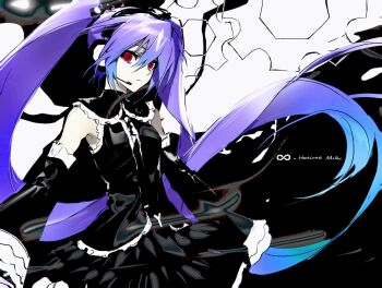 1girl black_shirt black_skirt black_sleeves character_name detached_sleeves expressionless floating_hair gradient_hair hair_between_eyes hanaseto hatsune_miku hatsune_miku_(infinity) hatsune_miku_no_gekishou_(vocaloid) headset highres long_hair looking_at_viewer multicolored_hair pale_skin project_diva_(series) purple_hair red_eyes shirt skirt solo twintails very_long_hair vocaloid