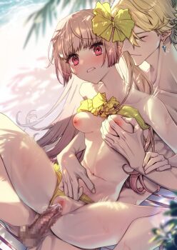 1boy 1girl alfred_(artist) atelier_(series) atelier_lydie_&amp;_suelle bare_shoulders beach bikini bikini_pull blonde_hair blunt_bangs blush bow breasts censored clenched_teeth closed_eyes clothes_lift clothes_pull clothing_aside day earrings flower frilled_bikini frills grabbing_another's_breast groping hair_flower hair_ornament hand_on_another's_crotch hetero highres jewelry long_hair mathias_ferrier_adalet medium_breasts mosaic_censoring navel nipples nude ocean open_mouth outdoors penis pink_hair pussy red_eyes reverse_upright_straddle sex sex_from_behind short_hair spread_legs strapless strapless_bikini suelle_malen sweat swimsuit swimsuit_aside swimsuit_lift teeth vaginal very_long_hair water womb_massage yellow_bikini yellow_swimsuit