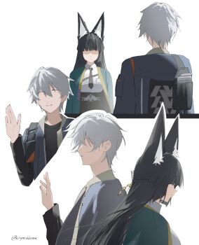 Rule 34 | 1boy, 1girl, animal ear fluff, animal ears, aqua jacket, black hair, black necktie, black shirt, black skirt, blue jacket, blunt bangs, closed mouth, cryne, fox ears, fox girl, grey hair, hand up, high-waist skirt, highres, hoshimi miyabi, jacket, long hair, necktie, no eyes, parted lips, shirt, short hair, simple background, skirt, smile, twitter username, waving, white background, white shirt, wise (zenless zone zero), zenless zone zero