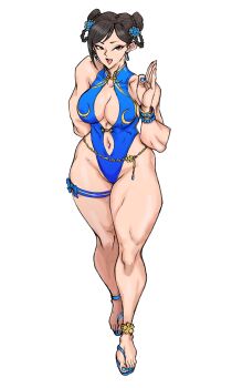 1girl absurdres alternate_costume arm_up armpits artist_request bare_shoulders black_hair blue_one-piece_swimsuit breasts capcom chun-li cleavage clothing_cutout curvy double_bun earrings gold_trim grey_eyes hair_bun highleg highleg_one-piece_swimsuit highres jewelry large_breasts legs_together light_smile lips midriff_peek official_alternate_costume one-piece_swimsuit parted_lips qra9een shiny_skin short_hair smile solo standing street_fighter street_fighter_6 swimsuit thigh_strap thighs thong_one-piece_swimsuit wide_hips