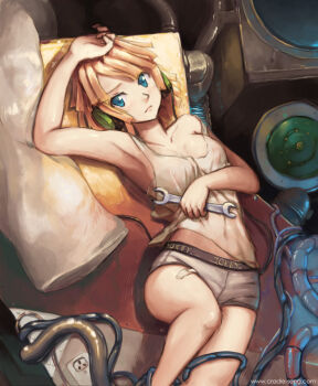 1girl armpits bad_id bad_pixiv_id bandaid blonde_hair blue_eyes breasts briefs cable cradle-song cradle_song_(dischan) female_focus grey_male_underwear headphones karin_(cradle-song) karin_(cradle_song) lying male_underwear nipples on_back original see-through_clothes small_breasts softmode solo tank_top tools underwear wrench